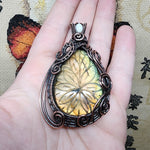 Large Carved Green Gold Orange Labradorite Flower and Austrailian Opal in Copper