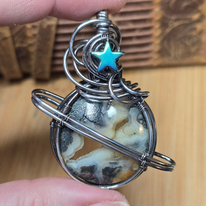 Marcasite Agate Planet Pendant - Oxidized Sterling Silver Geode Wrap