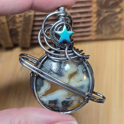 Marcasite Agate Planet Pendant - Oxidized Sterling Silver Geode Wrap