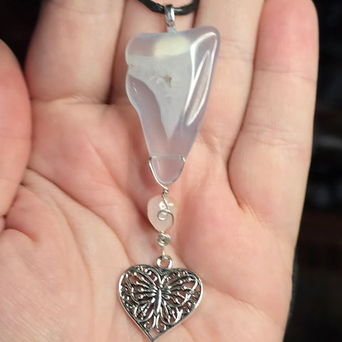 Blue Agate & Pink Opal Dangle Pendant with Butterfly Heart Charm