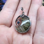 Pink Purple Gold Labradorite Crescent Moon Pendant with Rose Quartz and Hematite