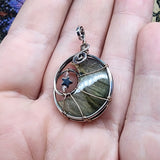 Pink Purple Gold Labradorite Crescent Moon Pendant with Rose Quartz and Hematite
