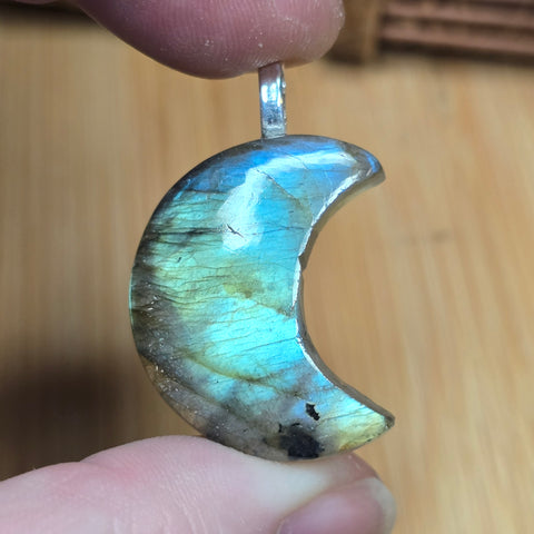 Blue Green Labradorite Moon Pendant - Silver Tone