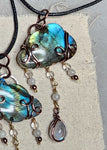 "Oregon Coast Rain" Labradorite Cloud with Rainbow Moonstone Raindrop Pendant - Storm Size