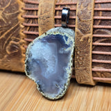 Lavender Gray Agate Slice Pendant - Minimal Steel Tone Bail