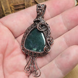 Moss Agate Pendant – Copper Woven Mushroom Spirit