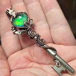 Dark Flash Aurora Opal Key Pendant - Copper Wirewrap Skeleton Key