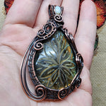 Large Carved Green Gold Orange Labradorite Flower and Austrailian Opal in Copper - Rock Your World 