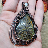 Large Carved Green Gold Orange Labradorite Flower and Austrailian Opal in Copper