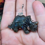 Carved Green Blue Labradorite Dinosaur Triceratops Pendant in Sterling Silver