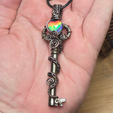 Skeleton Key with Rose Cut Heart Aurora Opal Doublet Wire Wrapped Pendant