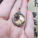 Pink Purple Gold Labradorite Crescent Moon Pendant with Rose Quartz and Hematite