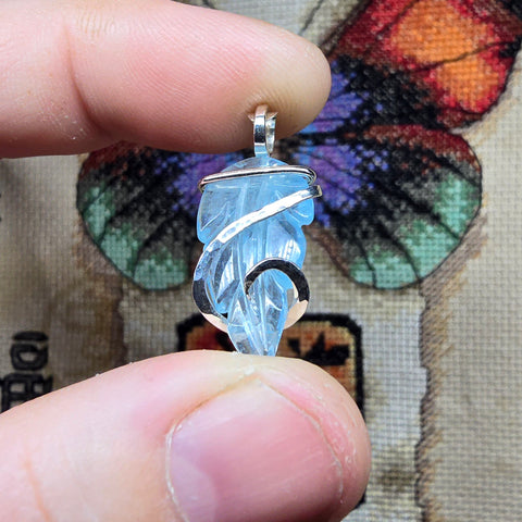 Carved Blue Aquamarine Leaf Wire Wrapped Pendant in Sterling Silver