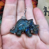 Carved Green Blue Labradorite Dinosaur Triceratops Pendant in Sterling Silver
