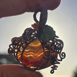 Crazy Lace Agate Pumpkin Pendant – Copper Vine + Czech Glass Leaf