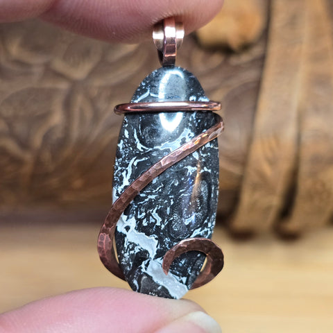 Rare Black and White Fossilized Palm Root Pendant – Copper Setting