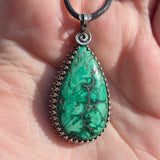 Malachite Plume Pendant in Antiqued Sterling Silver