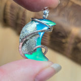 Marcasite Plume Agate Moon Pendant – Sterling Silver + Green Aurora Opal