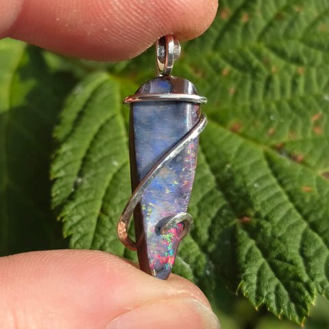Boulder Opal Pendant Rainbow Fire - Hammered Sterling Silver