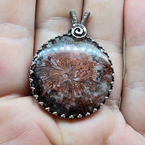 Chrysanthemum Utah Red Fossil Coral Pendant in Sterling Silver