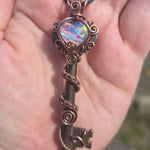 Skeleton Key with Rainbow Heart Aurora Opal Doublet Wire Wrapped Pendant