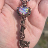 Skeleton Key with Rainbow Heart Aurora Opal Doublet Wire Wrapped Pendant
