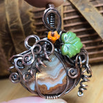 Crazy Lace Agate Pumpkin Pendant – Copper Vine + Czech Glass Leaf