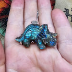 Carved Green Blue Labradorite Dinosaur Triceratops Pendant in Sterling Silver