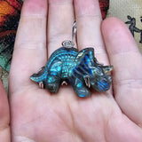 Carved Green Blue Labradorite Dinosaur Triceratops Pendant in Sterling Silver