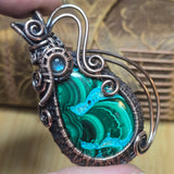Malachite Chrysocolla Pendant - Intricate Wire Wrap Antiqued Copper