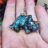 Carved Green Blue Labradorite Dinosaur Triceratops Pendant in Sterling Silver