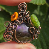 Purple Labradorite Wire Wrapped Pumpkin Pendant - Antiqued Copper Czech Glass