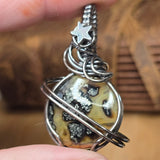 Marcasite Moon Pendant Celestial Wire Wrap - Sterling Silver with Hematite Star