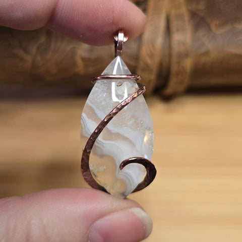 Tube Moss Agate Pendant Crystal Fade with Geode Copper Wrapped