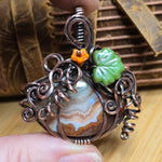 Crazy Lace Agate Pumpkin Pendant – Copper Vine + Czech Glass Leaf