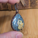 Marcasite Agate Geode Pendant - Patterned Copper Wire Wrap