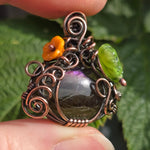 Purple Labradorite Wire Wrapped Pumpkin Pendant - Antiqued Copper Czech Glass