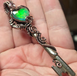 Dark Flash Aurora Opal Key Pendant - Copper Wirewrap Skeleton Key