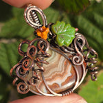 Crazy Lace Agate Pumpkin Pendant – Copper Vine + Czech Glass Leaf