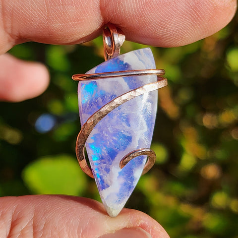 White Plume Agate + Purple-Blue Aurora Opal Pendant – 14kt Rose Gold Fill Tension Set