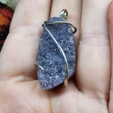 Amethyst Druzy Oval Geode Crystal Pendant in Sterling Silver