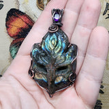 Rainbow Labradorite Masquerade Ball Mask and Amethyst Pendant Necklace in Copper