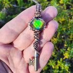 Dark Flash Aurora Opal Key Pendant - Copper Wirewrap Skeleton Key