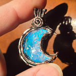 Marcasite Agate + Aurora Opal Moon Pendant – Frost Moon in Copper
