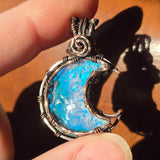 Marcasite Agate + Aurora Opal Moon Pendant – Frost Moon in Copper