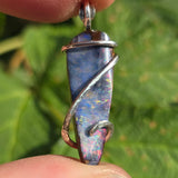 Boulder Opal Pendant Rainbow Fire - Hammered Sterling Silver