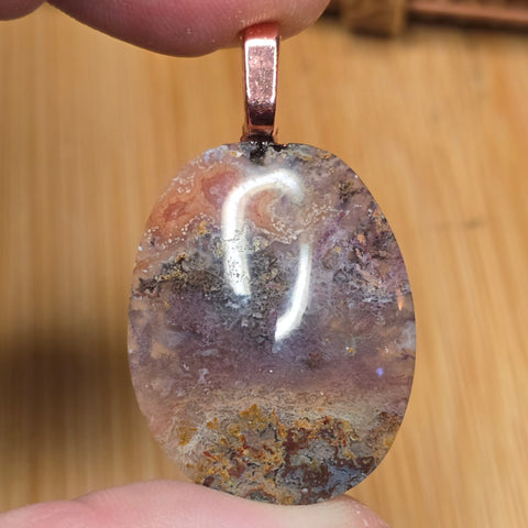 Natural Plume Agate Oval Pendant – Lavender Smoke Rose Gold Tone
