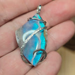 White Plume Agate Pendant – Sterling Silver + Teal Aurora Opal