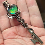 Dark Flash Aurora Opal Key Pendant - Copper Wirewrap Skeleton Key