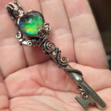 Dark Flash Aurora Opal Key Pendant - Copper Wirewrap Skeleton Key